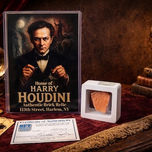Könnte beinhalten: Ein Bild mit einem gerahmten Harry Houdini-Poster mit dem Text "Home of Harry Houdini". Ein Ziegelrelikt wird in einem weißen Würfel ausgestellt. Ein Echtheitszertifikat und Spielkarten liegen auf dem Tisch.