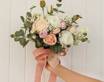 Dusty pink white roses wedding bouquet, white peonies eucalyptus leaves bridal bouquet,  bride flowers, bridesmaids bouquet, buttonhole