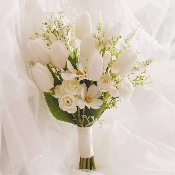 White tulips wedding bouquet, bridesmaids bouquet, groom buttonhole, wrist corsage, bridal bouquet, white tulips and green foliage bouquet