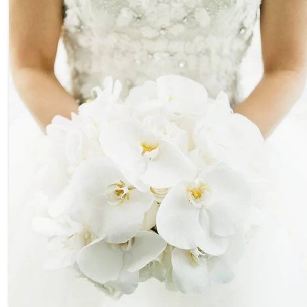 Bouquet de mariée d'orchidées Phalaenopsis, bouquet de mariée d'orchidées blanches, bouquet de mariée cascade, boutonnière de marié, corsage de poignet