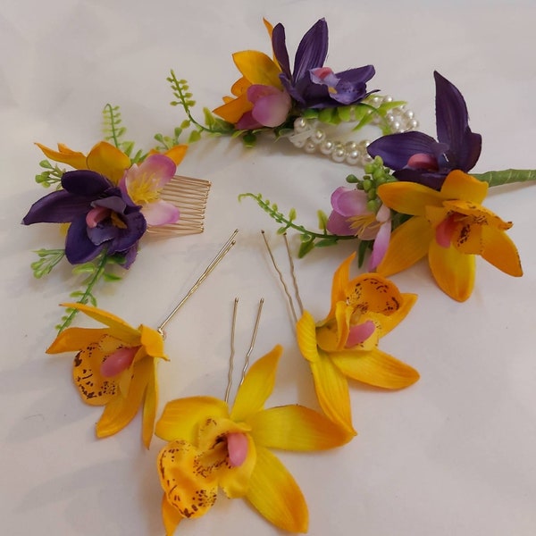 Purple and yellow orchids wedding flowers, buttonhole, wrist corsage, hair comb, groom buttonhole, bestman butonniere