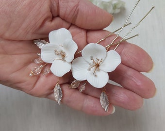 Ceramic flowers hair pins, bridal Ceramic flowers hair pins, bride hairpins, bridesmaids hair pins, bridal hair accessory,