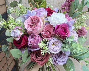 Artificial silk flowers wedding bouquet, pink blush purple flowers bouquet, buttonniere, corsage, haircomb, cake flowers decoration