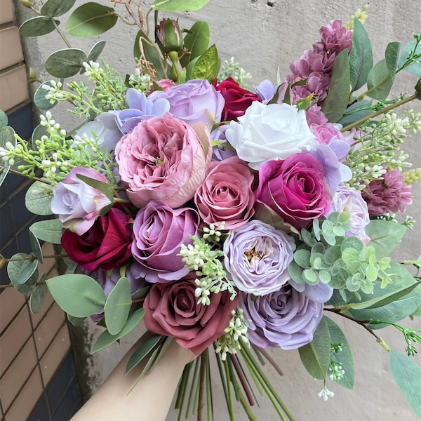 Artificial silk flowers wedding bouquet, pink blush purple flowers bouquet, buttonniere, corsage, haircomb, cake flowers decoration