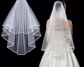 Short Tulle Wedding Veils, Two Layer veil, white veil, Ivory bridal Veil, fingertip veil, ribbon trimmed edge veil, bridal hair accessories