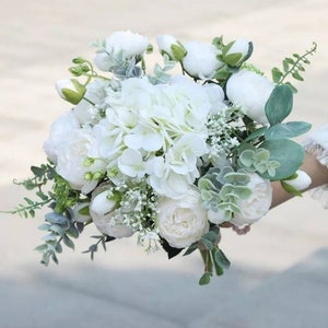 Green & white bridal bouquet, bridesmaids bouquet, groom buttonhole, roses, eucalyptus hand holding artificial flowers bouquet, cake topper