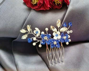 Blue crystal hair comb, blue flowers haircomb, wedding hair comb, bridal hairpiece, hair decoration, hair jewellery, hair accessories