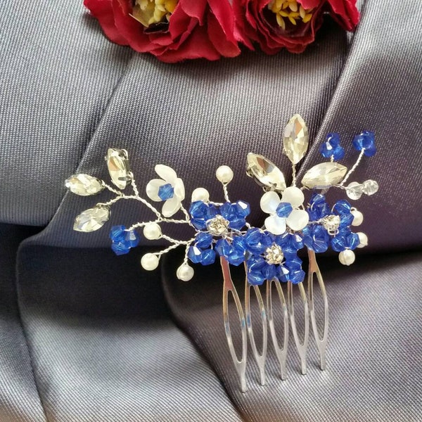 Blue crystal hair comb, blue flowers haircomb, wedding hair comb, bridal hairpiece, hair decoration, hair jewellery, hair accessories