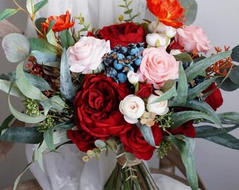 Artificial flowers bridal bouquet, pink burgundy roses wedding bouquet, eucalyptus bouquet