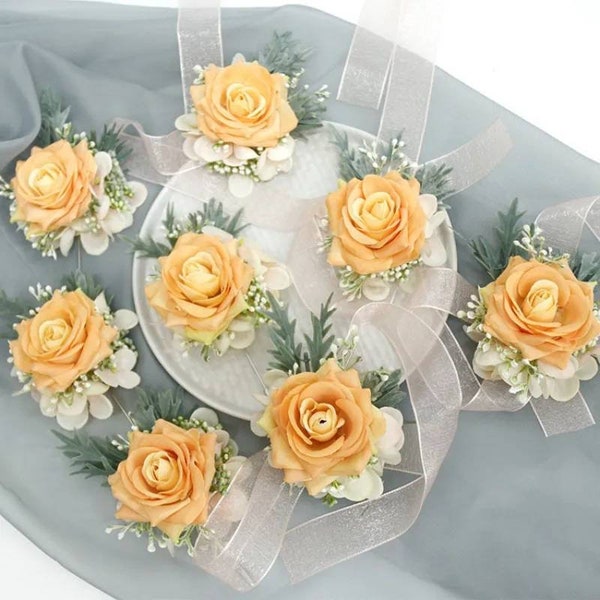 Orange artificial flowers, wedding flowers, wedding accessories, wrist corsage, pin corsage, groom butonniere, buttonhole