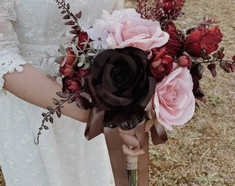 Wedding gothic bouquet, burgundy pink roses bridal bouquet, bridesmaids bouquet, groom buttonhole, wrist corsage