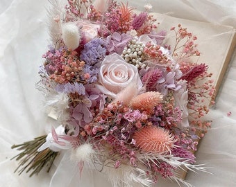 Dried flowers bridal bouquet, wedding bouquet, white, beige dusky pink natural flowers wedding bouquet