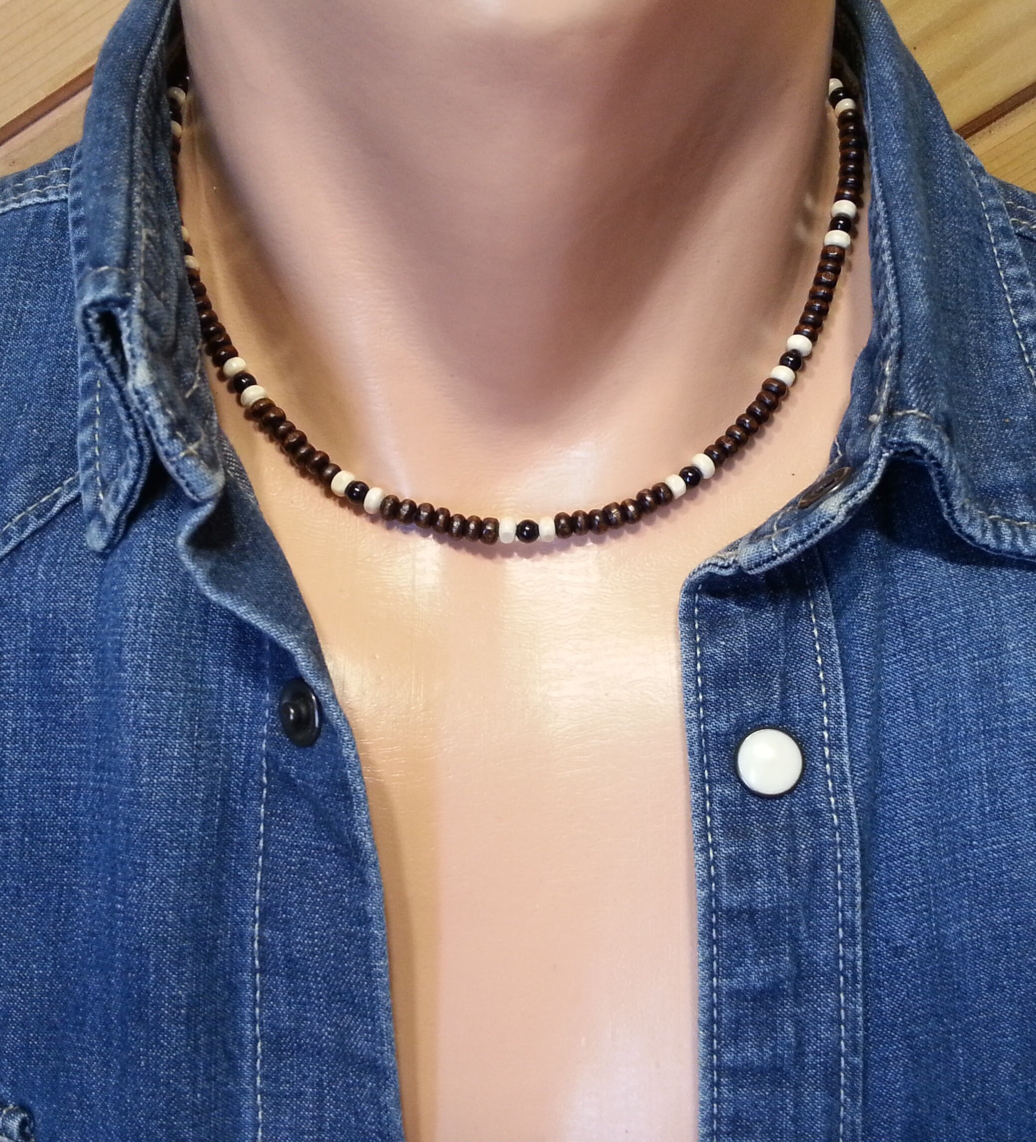 Mens Beaded Necklace Black Onyx Mens Surfer Necklace Mens Wood Necklace