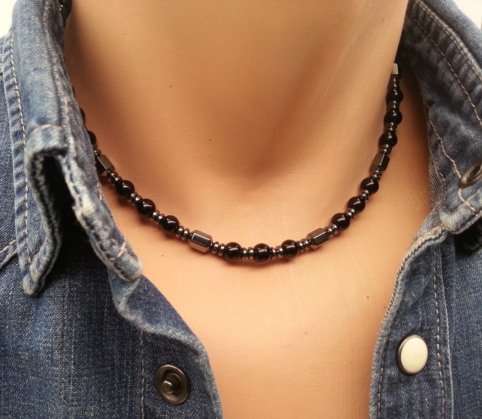 Mens Beaded Collier Noir Onyx Choker Hematite Onyx Bijoux pour Etsy