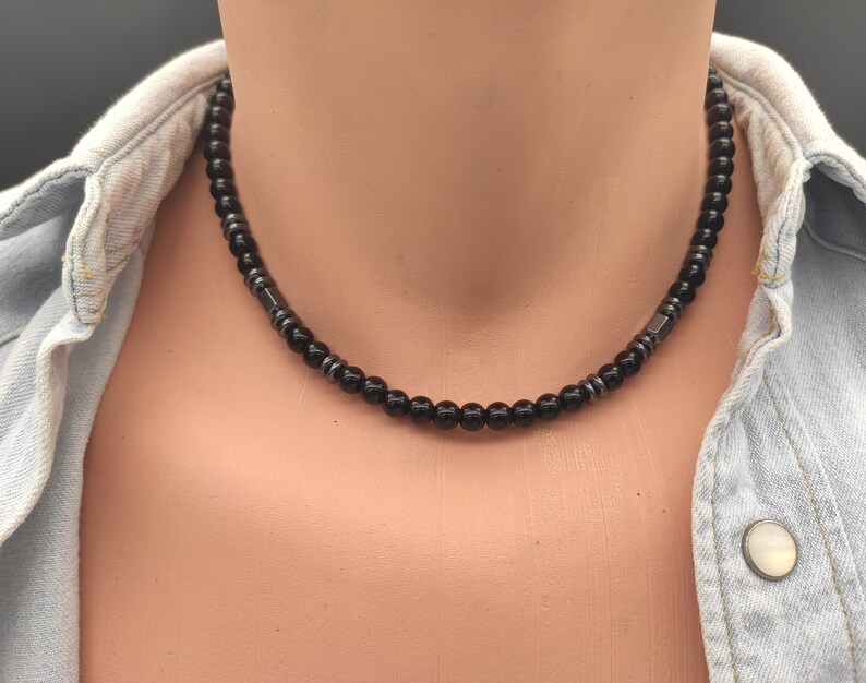 Black Onyx Mens Beaded Necklace Choker Silver Hematite Onyx Jewelry for Men Black Stone Silver Men Surfer Necklace Gemstone Jewelry Mens
