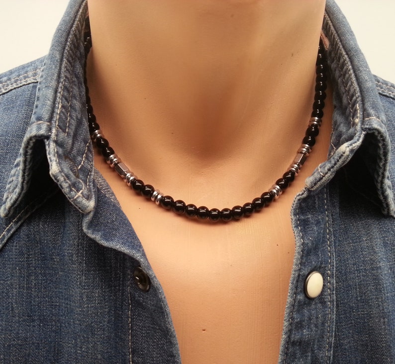 Black Onyx Mens Beaded Necklace Choker Silver Hematite Onyx Jewelry for Men Black Stone Silver Men Surfer Necklace Gemstone Jewelry Mens