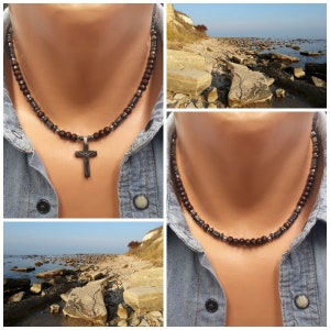 Heren kralenketting kruis heren houten ketting heren surfer ketting heren kralen choker ketting heren strandketting hematiet kruis