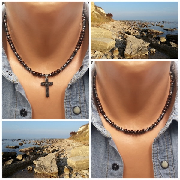 Mens Beaded Necklace Cross Men Wood Necklace Men Surfer Necklace Mens Beaded Choker Necklace Men Beach Necklace Hematite Cross