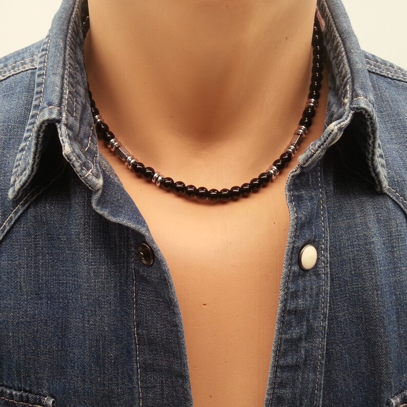 Black Onyx Mens Beaded Necklace Choker Silver Hematite Onyx Jewelry for Men Black Stone Silver Men Surfer Necklace Gemstone Jewelry Mens