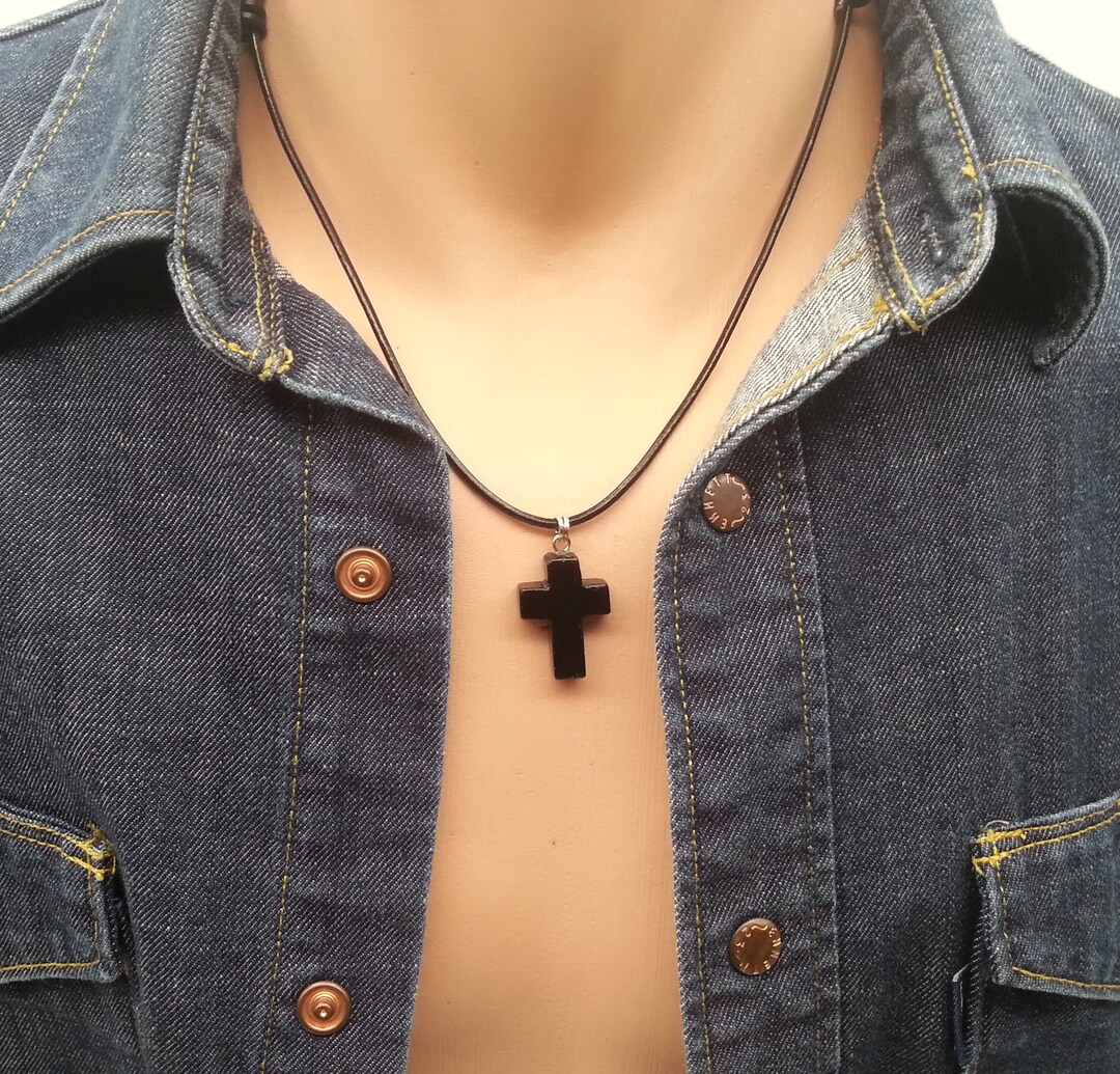 Cross Leather Necklace Mens Black Onyx Cross Leather Necklace Etsy UK