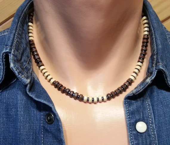 Mens Wood Bead Necklace Surfer Necklace Beaded Wood Choker 