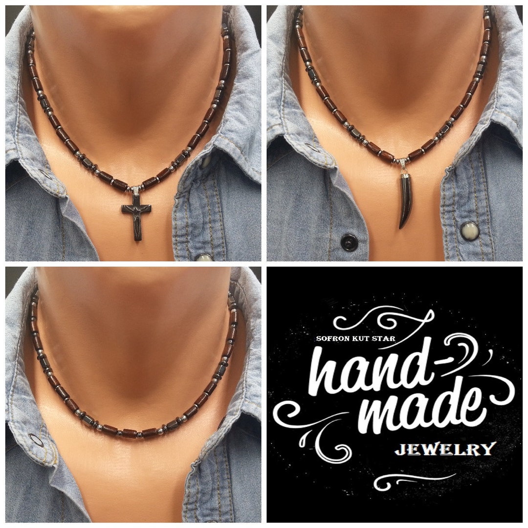 Mens Bead Necklace Cross, Surfboard Pendant Beaded Style Surfer Gift