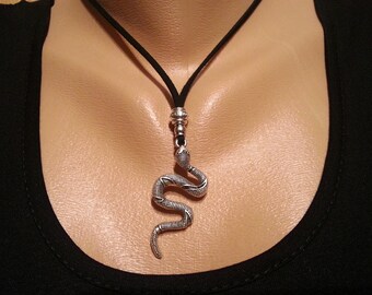 Snake Leather necklace Antique Silver Pendant necklace Long necklace Black Leather Necklace Lariat necklace Y necklace Choker necklace