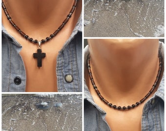 Cross Mens Beaded Necklace Cross Men Wood Necklace Men Surfer Necklace Men Choker Necklace Black Onyx Cross Mens Beach Necklace Hematite