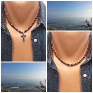 Cross Mens Beaded Necklace Hematite Men Choker Necklace Men Surfer Necklace Hematite Cross Silver Men Beach Necklace Wood Beaded Necklace