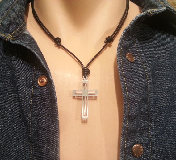 Large Wood Cross Necklace with Leather Cord Hand Carved Cross Necklace  Christian Faith Jesus Mens jewelry