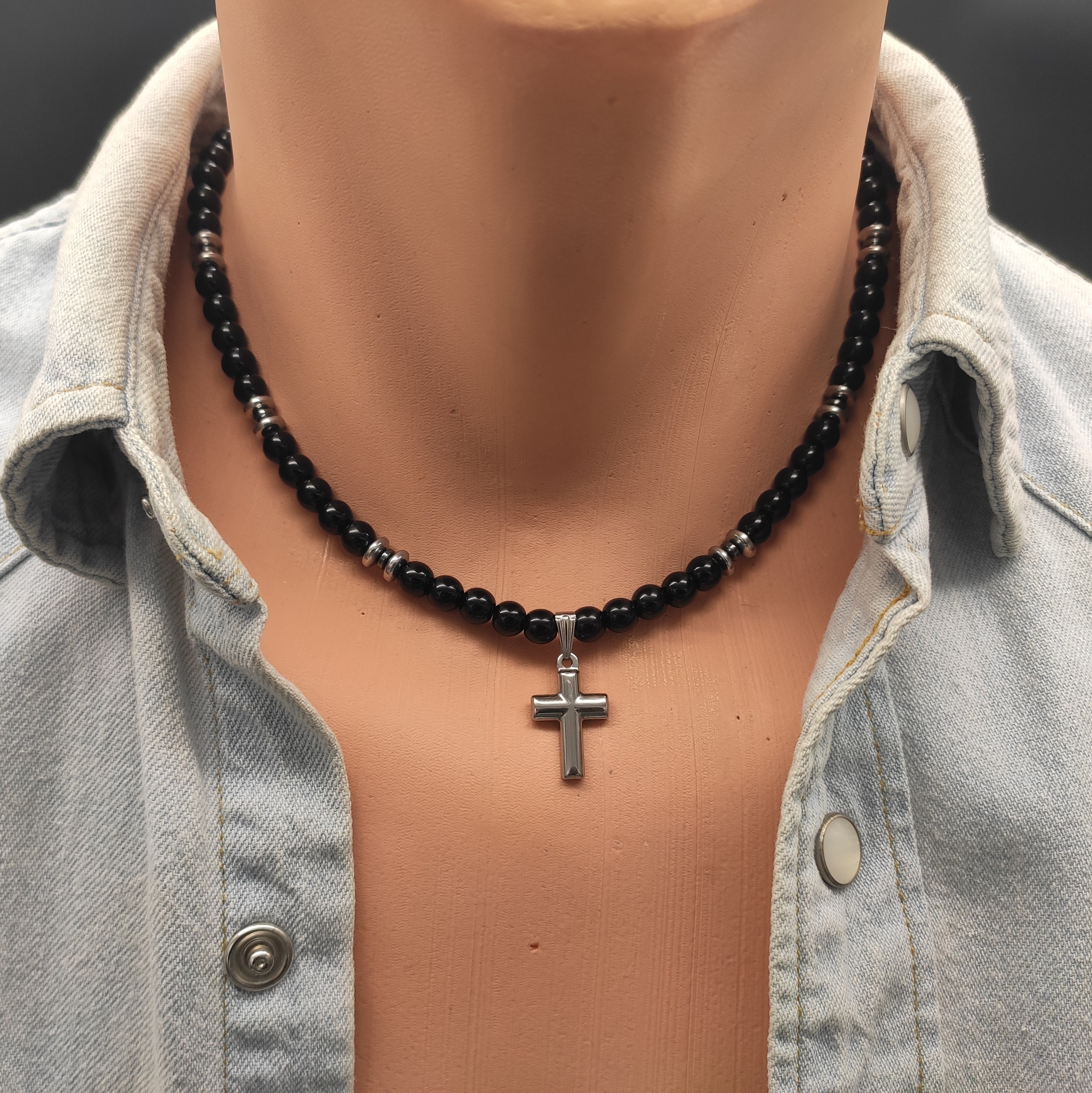 Cross Mens Beaded Necklace Black Onyx Men Choker Necklace Etsy