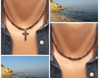 Cross Mens Beaded Necklace Men Wood Necklace Men Surfer Necklace Mens Choker Necklace Hematite Cross Men Beach Necklace Men African Necklace