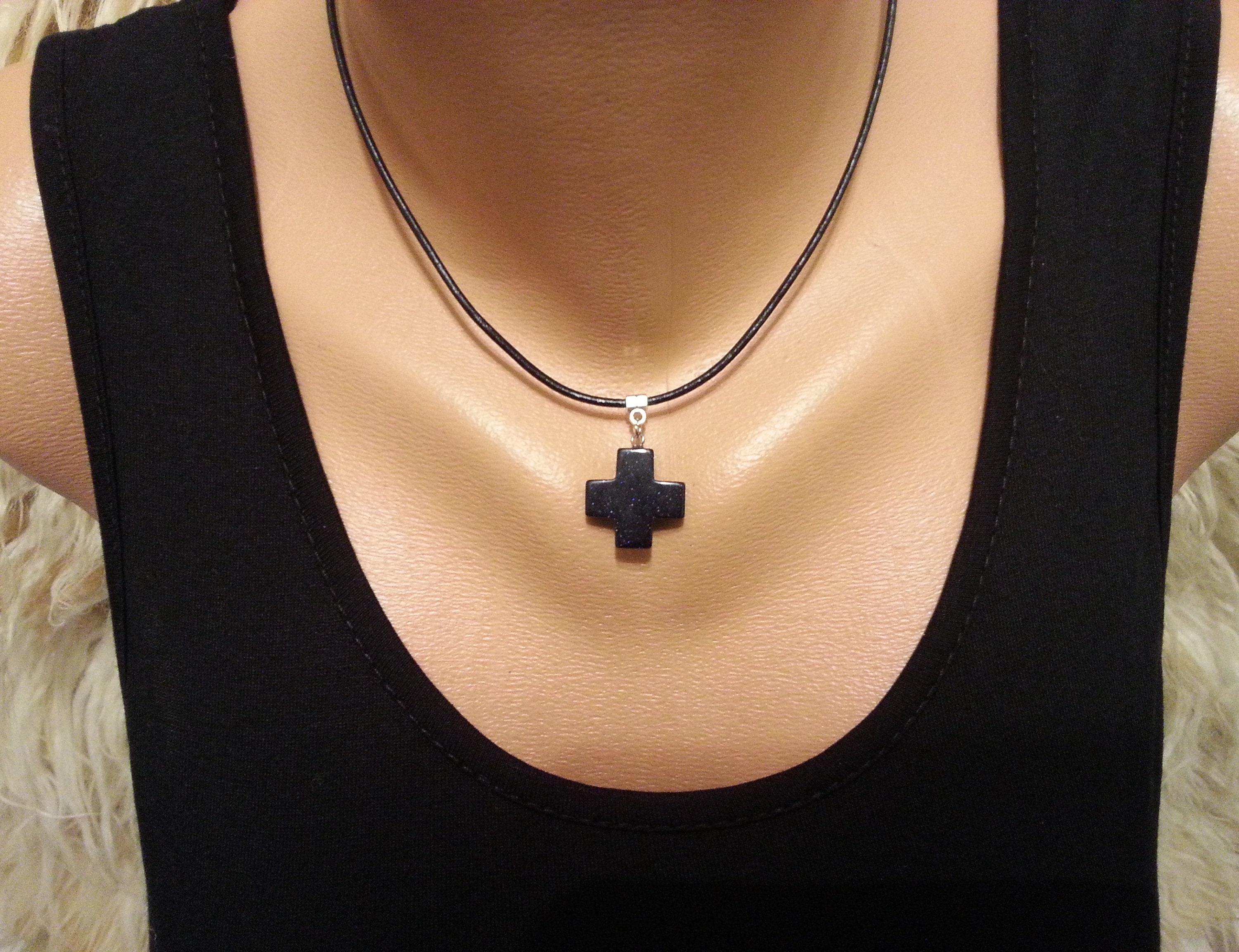 Cross Leather Necklace Women's Leather Necklace Blue Cross Leather
