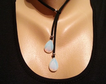 Moonstone Leather necklace Blue Stone Leather necklace Y necklace Lariat necklace Pendant necklace Choker necklace Black Leather Necklace