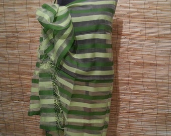 Vintage Scarf Silk and Cotton Green Tones Large Long Scarf