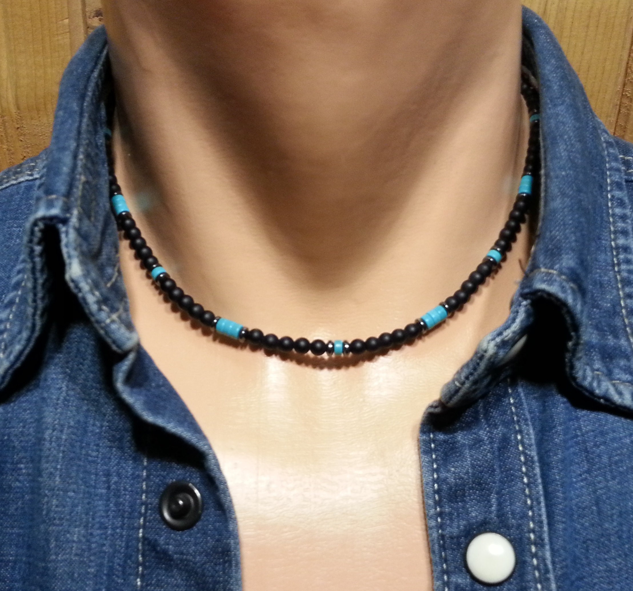 Men Surfer Necklace Turquoise Men Beaded Necklace Black Onyx Etsy UK