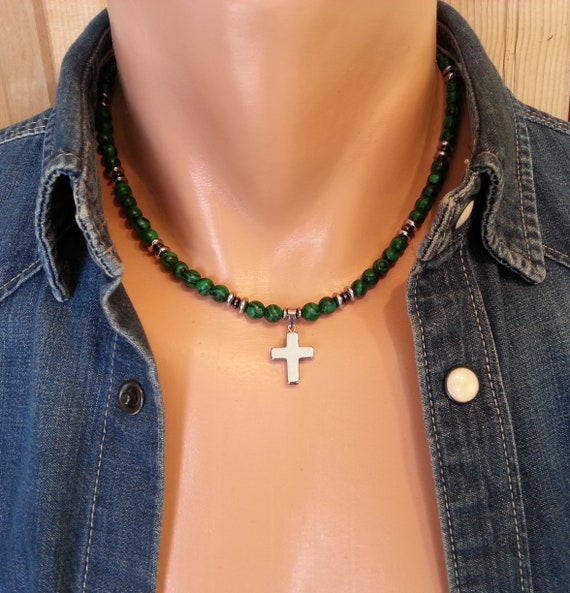 Cross Men Necklace Malachite Mens 