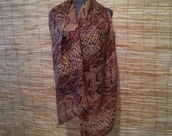 Pure Silk Scarf Vintage Brown and Beige Tones Long Scarf