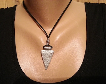 Leather necklace Silver Pendant Black Leather necklace Lariat necklace Y necklace Arrow necklace Choker necklace Triangle  leather necklace