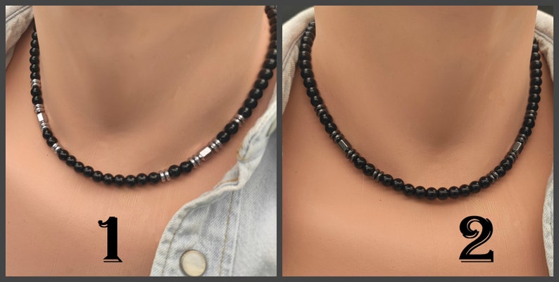 Black Onyx Mens Beaded Necklace Choker Silver Hematite Onyx Jewelry for Men Black Stone Silver Men Surfer Necklace Gemstone Jewelry Mens