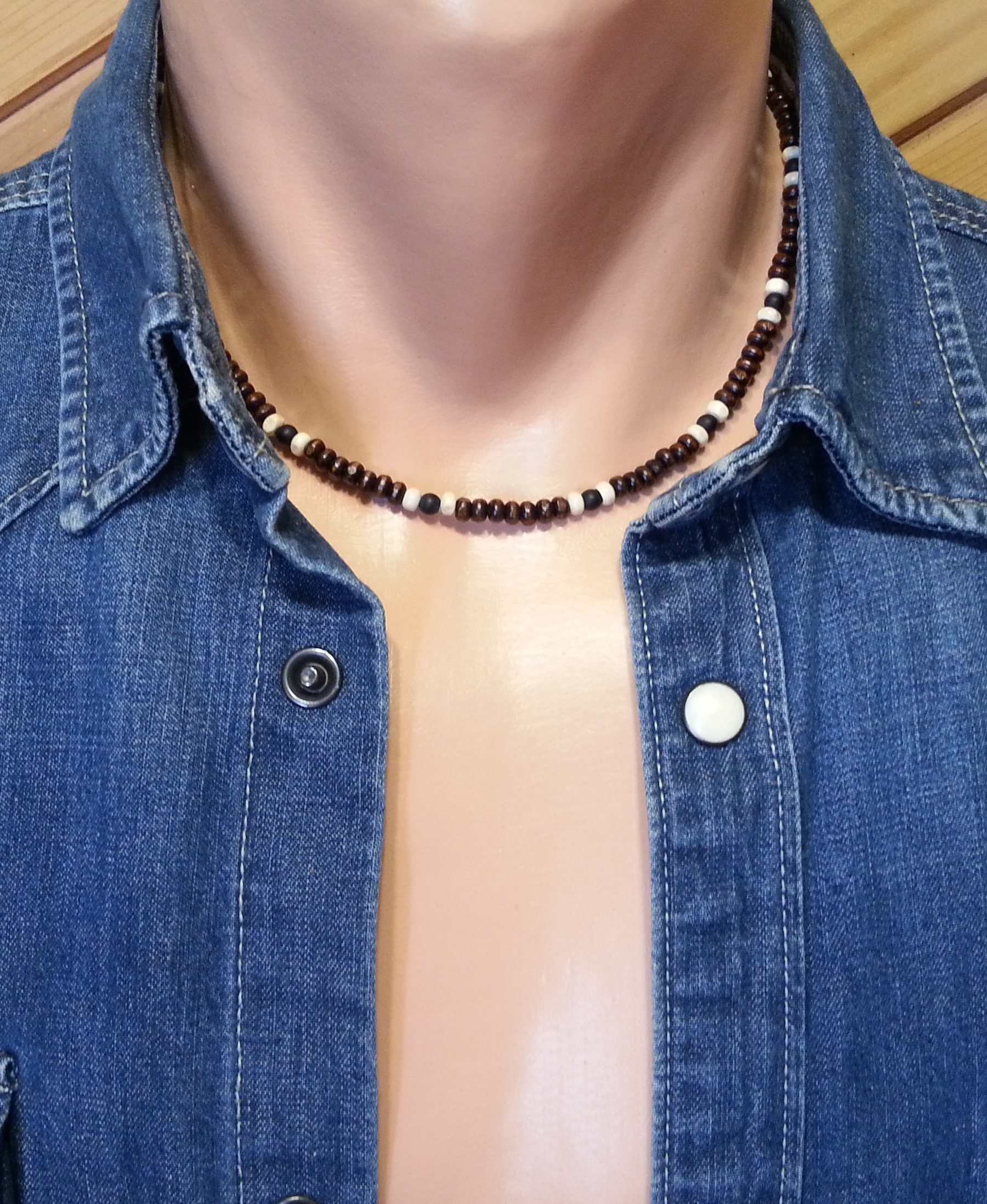 Mens Beaded Necklace Black Onyx Mens Surfer Necklace Mens Wood Necklace