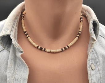 Mens Beach Necklace Mens Beaded Necklace Men Wood Necklace Men Surfer Necklace Mens Choker Necklace Mens Coconut Necklace African Necklace