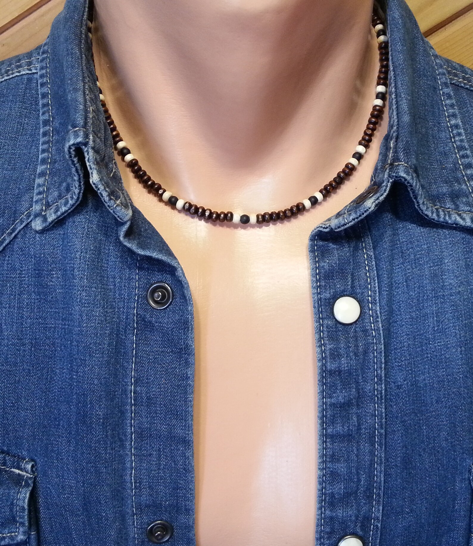 Mens Beaded Necklace Black Onyx Mens Surfer Necklace Mens Wood Necklace