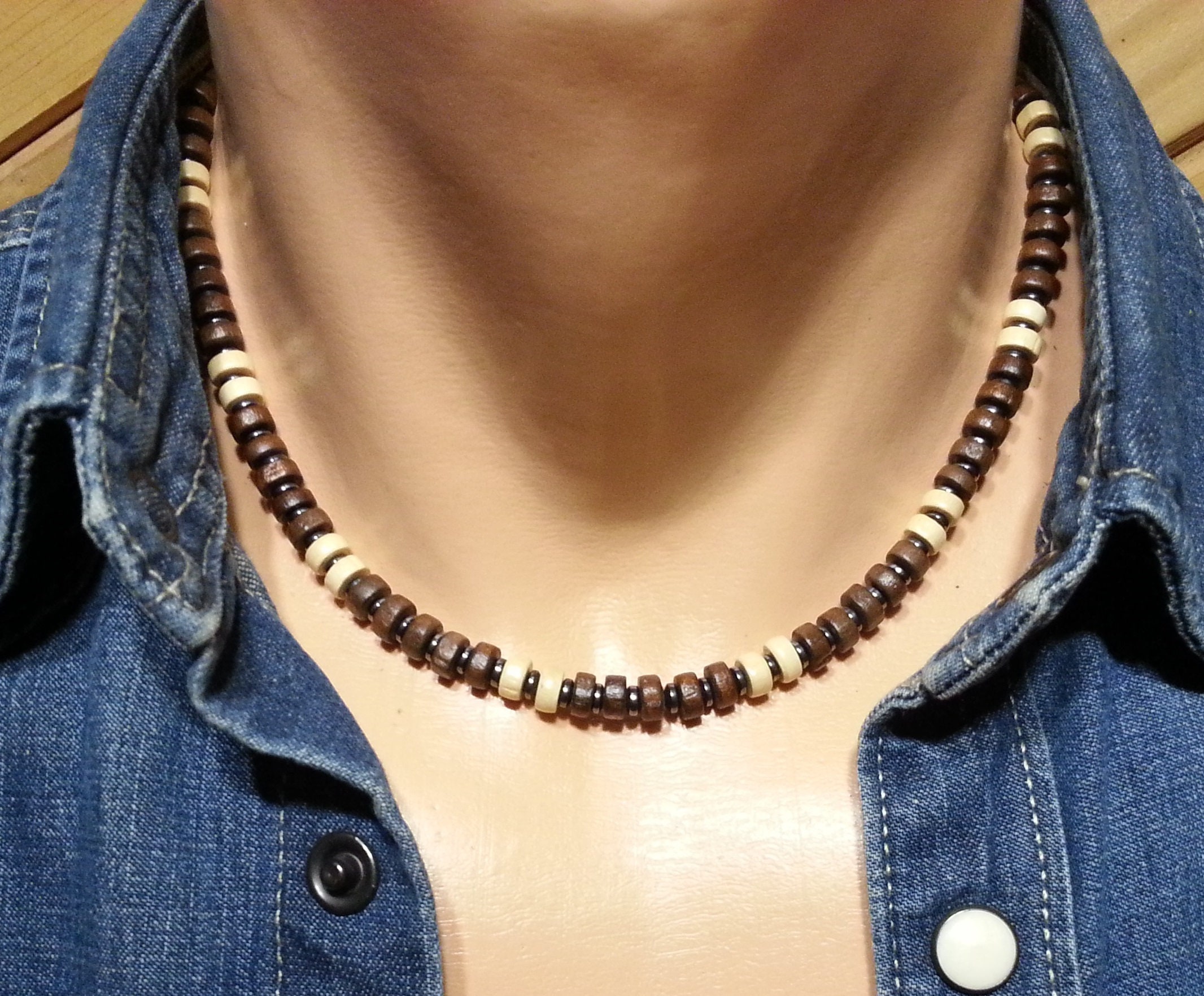 Men Surfer Necklace Mens Beaded Necklace Men Wood Necklace Etsy