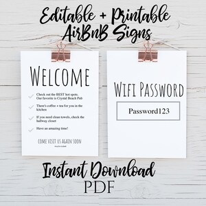 INSTANT DOWNLOAD - AirBnB Printable Signs - Wifi and Welcome Sign - PDF file - Edit and Print as many times as you need!