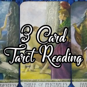 May include: Three tarot cards, the High Priestess, Three of Pentacles, and Five of Swords, are displayed in a three-card tarot reading.