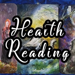 May include: Three tarot cards with colorful, mystical artwork. The cards are titled "Love", "Angelic", and "Positivity". The text "Health Reading" is superimposed over the cards.