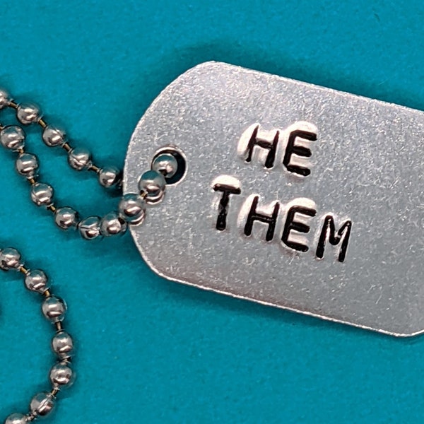 He/them Pronouns necklace, identity pedant, can be customised,  non binary, gender fluid, gender queer, LGBTQ plus, supportive parent gift