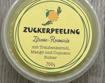 Zuckerpeeling Zitronen-Rosmarin mit Traubenkernöl, Mango- und Cupuacubutter - Soapisch