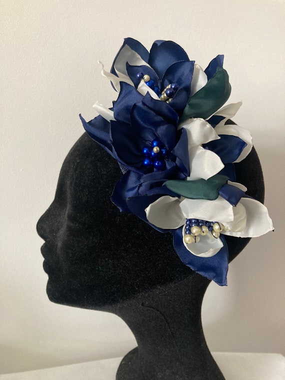 Handmade Navy and Ivory Flower Fascinator With Beaded  display picture 2